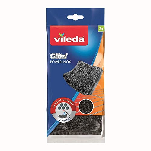 Vileda Glitzi Power Inox, Stahlschwamm gegen hartnäckige Verschmutzungen, länger haltbar, hygienische Reinigung, Härtegrad 3, 2er Pack