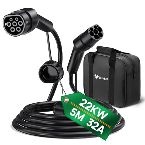 GONEO Typ 2 Ladekabel 22kW 5M 32A Ladekabel Elektroauto Typ 2 3 Phasig für E Auto EV/PHEV Typ 2 auf Typ 2 Modus 3 Ladekabel mit Tasche Geeignet für Model S/3/X/Y e-Golf ID.3 i3/i8