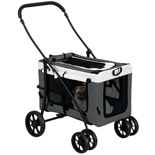 PawHut 2 in 1 Hundewagen Hundebuggy klappbar für Hunde & Katzen bis 10 kg Katzenbuggy mit Kissen Netzfenstern Türen Aufbewahrungskorb Katzenwagen Buggy Grau
