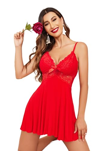 ADOME Sexy Unterwäsche für Frau Negligee Damen Babydoll Nachtwäsche Tiefer V-Ausschnitt Spitze Nachtkleid Dessous Nachthemd Rot S