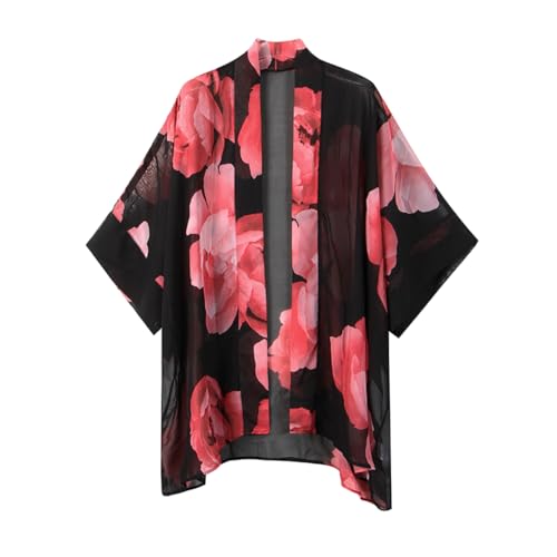 Getitsoon Damen Bohemian Chiffon Kimono Cardigan Strand Cover Up Bikini Schal Bluse für Bademode Beachwear, Schwarz mit rosa Blumen, Einheitsgröße Mehr