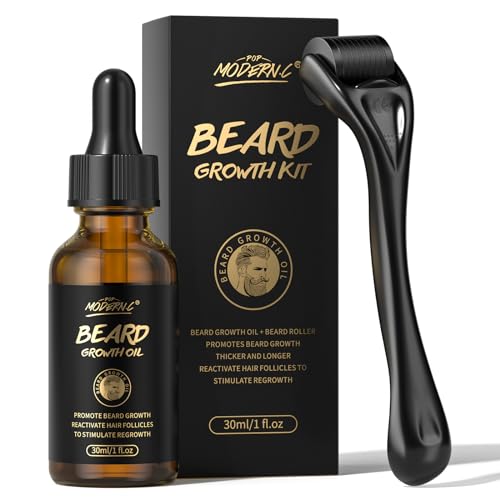 Bartwachstums-Set – Biotin-Bartwachstumsöl mit Roller zur Förderung des Haarwuchses – Bartserum zur Gesichtshaarbehandlung, männlich, dick, 1 Fl Oz
