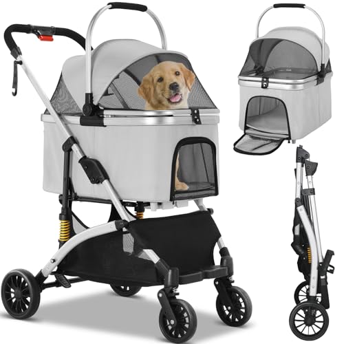 3 in1 Hundebuggy Transporttasche Katzenbuggy,Bis 20 kg,Tragbarer Haustier Kinderwagen,Hundewagen mit Netzfenstern & Getränkehalter &Federstoßdämpfer,für Kleine und Mittelgroße Katze Hund(Silber grau)
