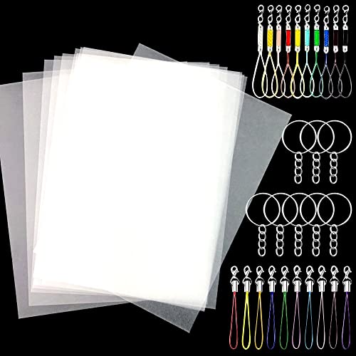 NICAVKIT 70pcs Schrumpffolie Set, A4 schrumpffolienplatten matt Transparent Bastelfolie Schrumpffolie, schrumpfende Plastikfolien set inklusiv 20 Blatt A4 Schrumpffolien, und 50pcs Schlüsselanhänger