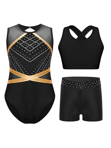 inhzoy Mädchen Turnanzug Mit Kurzer Hose Glitzer ärmellose Mesh Gymnastik Trikot Shorts Und Tank Top 3er Tanzkleidung Set Schwarz 146-152