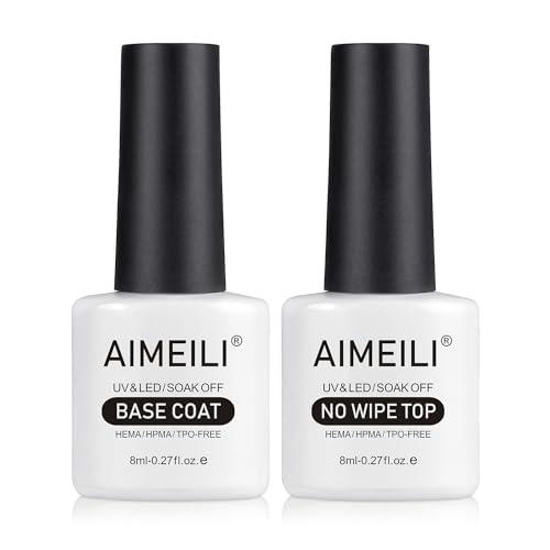 AIMEILI UV LED Gellack Gel Nagellack Base & No Wipe Top Coat Unterlack & Überlack Set Gel Polish 2×8ml