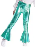 Miaeowve Kinder mädchen metallic Hose Glitzer Schlaghose Weites Bein High Waist Tanzhose Stretch Yogahose Disco Festival Outfit See Grün 134-140