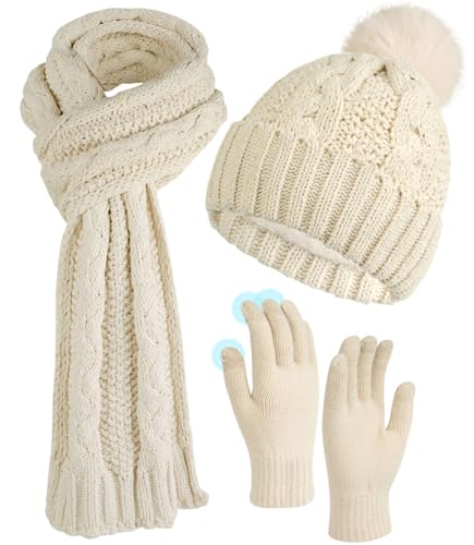 ILovDaisy Mütze, Schal & Handschuh-Sets für Damen Winter, Beanie Gestrickte Wintermütze mit Bommel, Thermo Winterhandschuhe Touchscreen, Warme Kuschelige Schal Winterset Haferflocken