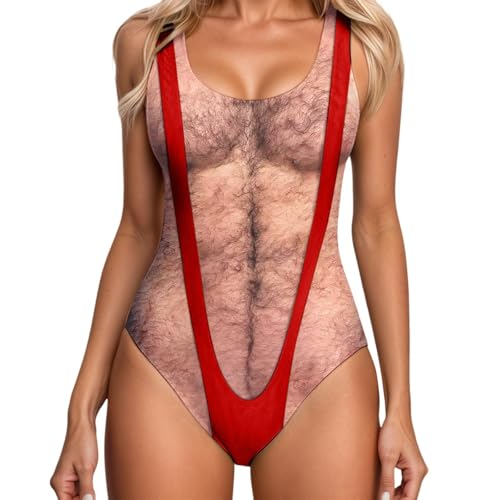 Generisch Lustiger Damen-Badeanzug mit 3D Brusthaar-Druck Witziger Monokini mit -Muskeln, Schnelltrocknend & Bauchweg-Effekt für Strandparty, Kostüm-Events (z04291-Red, L)