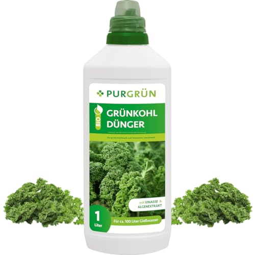 Purgrün® Bio-Grünkohl-Dünger | Organische Rezeptur | Premium-Flüssigdünger | NPK 4+1+7 | Mit Algenextrakt & Vinasse | Extra Kalium für große Kohlköpfe | Ohne tierische Inhaltsstoffe | 1 Liter