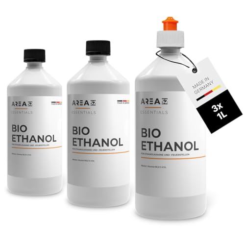 Area52 – Bioethanol 3x1L Set Ethanol – Reiner Ethylalkohol mit 96,6% Reinheitsgrad – Für Ethanolkamine, Tischkamine & Bioethanol-Feuerstellen – Geruchslos & rußfrei – Für Indoor & Outdoor Nutzung