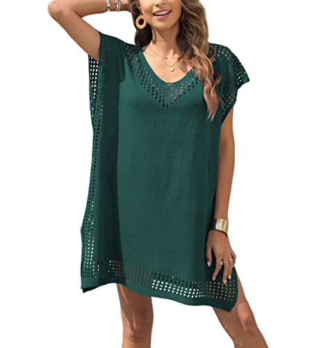 Codkkre Damen Gestrickte Strandkleid Sommer Kurz Knielang Badeanzug Bikini Cover Up Strandponcho V-Ausschnitt Sexy Beachwear Cutout Crochet Cover Ups, Grün