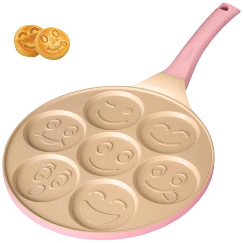 Erreke Pancake Pfanne, Geeignet für Induktion, Antihaft Bratpfanne für Pancakes, Pfannkuchenpfanne, Pfannkuchenpfanne Induktion, Crêpe Pancake-pfanne, 7 Smiley-Pfannkuchen, Weicher Griff, Pink Farbe