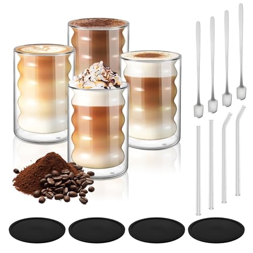 LUOJINYI Latte Macchiato Gläser,Set of 4 Doppelwandige Kaffeegläserr,Double-Walled Glasses with 4 Spoons and 4 Coasters,Latte Macchiato Gläser Doppelwandig for Cappuccino, Latte, Tea, Coffee