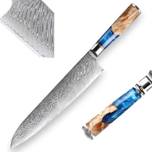 Damastmesser Japanische Küchenmesser Amber blau, 67 Lagen Damaststahl VG10-Kern: Santoku Chefmesser Hackmesser Nakiri Schälmesser Universalmesser Ausbeinmesser (Chefmesser - Klingenlänge 24cm)