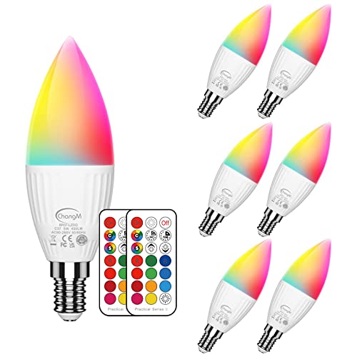 ChangM LED Lampe E14 RGBW 2700K 6er Set LED Farbwechsel Birne 5 Watt (ersetzt 40W), Dimmbar Farben LED Glühbirne, Farbwechsel Glühbirne mit Fernbedienung | RGB und warmweiss 2700K