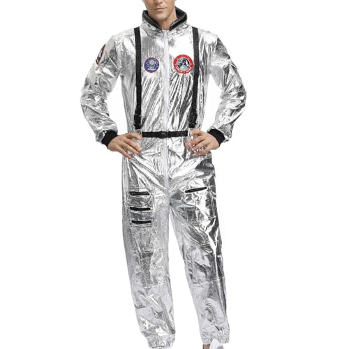 Zeiayuas Astronaut Kostüm Damen Herren Weltall Raumfahrer Outfit Glänzend Karneval Kostüm Overall Metallic Langarm Jumpsuit Spaceman Paar Kostüm Rollenspiel Faschingskostüme Silver Raumanzug