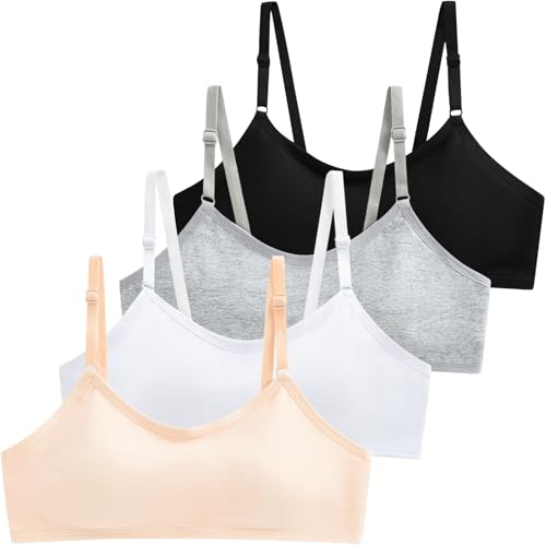 Domee Mädchen BHS Sport Bustier Gepolsterte ohne bügel für 12-16 Jahre 4er-Pack Schwarz+Weiß+Grau+Hautfarben 12-16 Jahre
