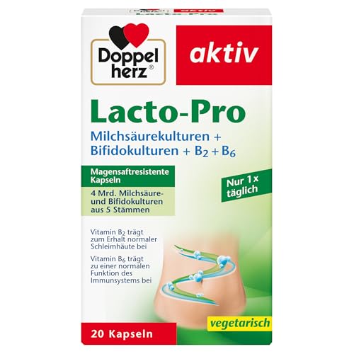 Doppelherz Lacto-Pro Milchsäurekulturen + Bifidokulturen + B2 + B6 - Vitamin B6 trägt zu einer normalen Funktion des Immunsystems bei - 20 vegetarische und magensaftresistente Kapseln