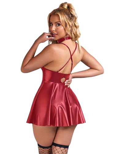 Lederkleid Damen Elegant Kurz Große Größen Partykleid Outfit für Mollige Frauen Babydoll Negligee Wetlook Dessous Damen Sexy Unterwäsche Curvy A-Linie V-Ausschnitt Minikleid Clubwear Reizwäsche Rot,XL