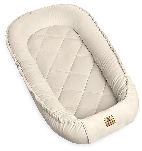 PIMKO Multifunktionale 2seitig Babynest Kuschelnest Kokon für Babys Nestchen antiallergischre Neugeborene Kokon 55 x 90cm Velvet - Beige mit Klappe