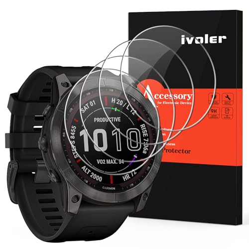 ivoler 4 Stücke Schutzfolie für Garmin Fenix 7X / 7X Solar / 7X Sapphire Solar 51mm, 9H Härte Schutzglas, Anti-Kratzen Folie, Anti-Bläschen Displayschutzfolie, Kritall-Klar Hartglas