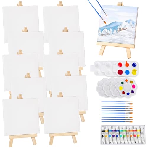 49 Stück Mini Leinwand mit Mini Staffelei, Kleine Leinwände mit Staffelei Klein, 10 Pinseln&12Acrylfarben&7 Farbtablett, 10x10cm Tischstaffelei Holz Leinwand Ständer Set für Malerei zum Zeichnen Tisch