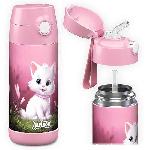 JARLSON® Trinkflasche Kinder Edelstahl "CHARLI" mit Strohhalm - Thermosflasche 350ml - TÜV geprüft - BPA frei - auslaufsicher - Thermo Wasserflasche für Schule, Kindergarten - Katze 2.0, 350 ml