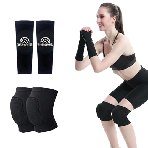 SMYJDMM Volleyball-Schutz, 1-Paar Volleyball Knieschoner+1-Paar Volleyball Armstulpen, Schwamm Kollision Knieschutz Knie Schoner Sport Unterarm Ärmel -Handgelenkstützemit Schutzpolster und Daumenloch