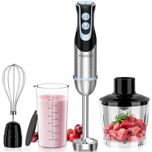 FRESKO 4-in-1 Stabmixer Edelstahl, 1000W Pürierstab mit 12 Geschwindigkeiten und Turbo-Modi, Inklusive Schneebesen, 500ml Lebensmittelhacker und 700ml Messbecher, für Babynahrung, Suppe, Smoothies