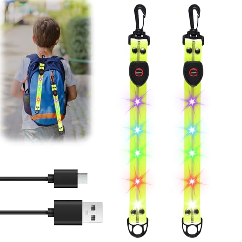 LED Blinklicht Schulranzen,2 Stück Aufladbar Sicherheit Licht für Kinder Schulranzen,LED Blinklicht mit Buntem Licht,Reflektierende Lichtband Reflektor Anhänger für Schulranzen,Rucksack,Laufen,Joggen