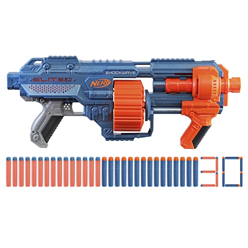 Nerf Elite 2.0 Shockwave RD-15 Blaster, 30 Nerf Darts, 15-Dart Rotationstrommel, Schnellfeuer mit Pump-Action, mit Erweiterungsoptionen, frustfreie Verpackung