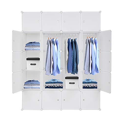 Bonnlo Kleiderschrank aus Kunststoff, DIY Regalsystem, Tragbarer Garderobenschrank, Regal mit Türen, Steckregal 20 Würfel, mit 3 Kleiderstange, Weiß, 142x47x178cm