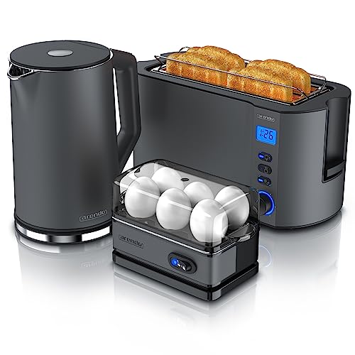 Arendo - Wasserkocher mit Toaster SET und Eierkocher, Edelstahl Cool Grey Wasserkocher 1,5L 40°100°C Toaster 4 Scheiben LEDDisplay 6 Bräunungsgrade Eierkocher 1-6 Eier Messbecher