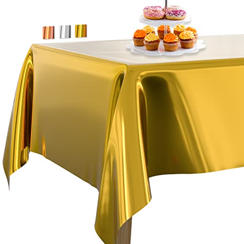 PartyWoo Tischdecke Gold Folientischdecke, 137 x 274 cm/ 54 x 108 Zoll Rechteckige Party Tischdecke Abwaschbar für 6 bis 8 Fuß Tisch, Tischtuch, wasserdichte Tischdecke für Geburtstag (1 STÜCK)