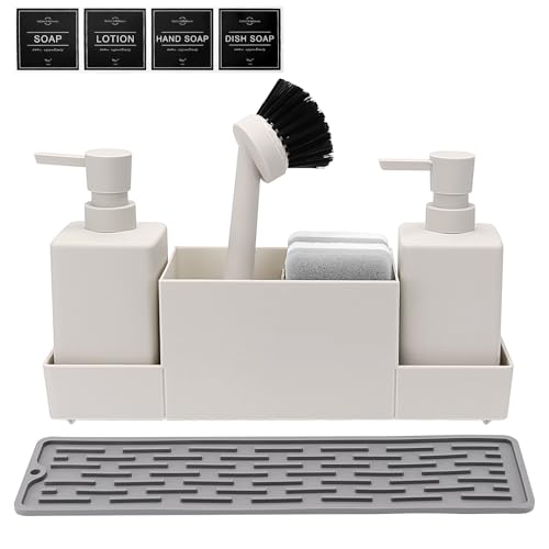 CAUTIOUS 350ML Spülbecken Organizer mit Bürste, Seifenspender Spülschwamm Küche Spülmittelspender Set aus Kunststoff, Spülorganizer mit Zwei Seifenspender, Küchengadget Organizer (weiß)