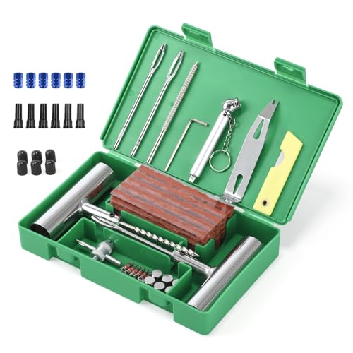 SHYOSUCCE Reifen Reparaturset, 71 Stück Reifenreparaturset Heavy Duty Flat Reparatur Set mit Reifendruckprüfer und Handschuhe für Auto, Motorrad, ATV, Jeep, LKW