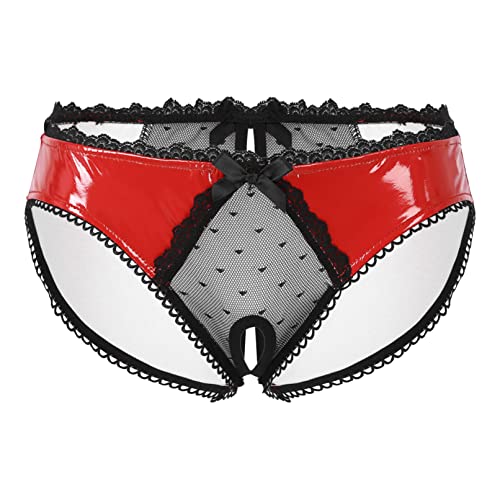 TiaoBug Damen Wetlook Ouvert Slip mit Cutouts Spitzen Lack Leder Höschen Niedrige Taille Panties Hipster Hotpants Bikini Hose Briefs Erotik Reizwäsche Rot M