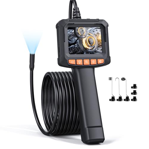Endoskopkamera mit Licht, QIMIC Endoskop 1080P HD Rohrkamera Kanalkamera mit 8 LEDs, 2.4" IPS IP67 Bildschirm Inspektionskamera Livebild mit 2X Zoom Halbstarres Kabel 16.4FT, 2000mAh Akku