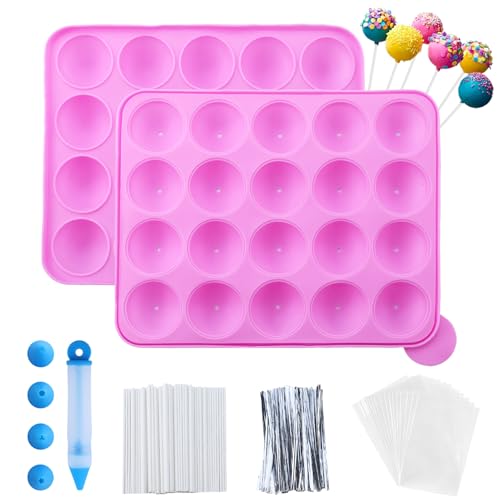 105 Stück Cake Pop Form Set - mit 20 Kavitäten Silikon Lollipop Formen, 105 Stk Cake Pop Sticks, Cake Pop Wrapper, Sliver Twist Ties und Dekorationsstift, Silikon Cake Pop Backform für Lutscher