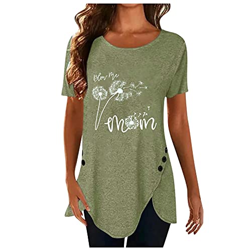 XOXSION T-Shirt Damen Sommer Oberteile Löwenzahn Drucken Shirt Irregular Button Hemd Kurzarm Bluse rundem Hals Tunika Ladies Tops(A Grün,XL)