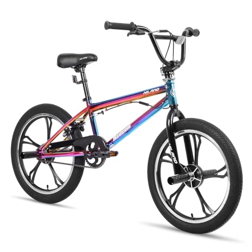 Hiland 20 Zoll 5 Speichen Kinder BMX Fahrrad für Jungen Mädchen ab 7 8 9 10 Jahre alt, 360 Grad Rotor Freestyle, 4 Pegs Single Speed Kinder BMX Fahrrad Regenbogen