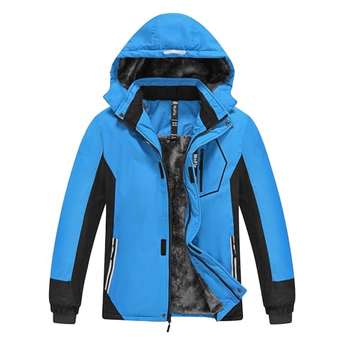 MoFiz Winterjacke Jungen Skijacke Warm Innenfutter Kinder Wasserdichte Winddichte Parka Outdoor Softshelljacken mit Abnehmbare Kapuze Blau/Schwarz XL (DE164-176)