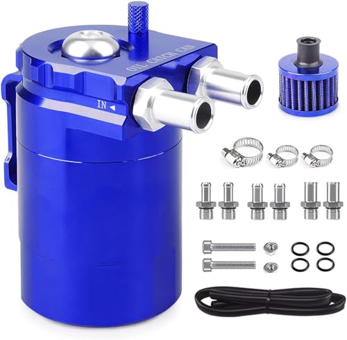 Oil Catch Can, 300 ml Aluminium Car Reservoir Tank, Universal Air Oil Seperator with Air Filter, Hose and Other Accessories (Blue)