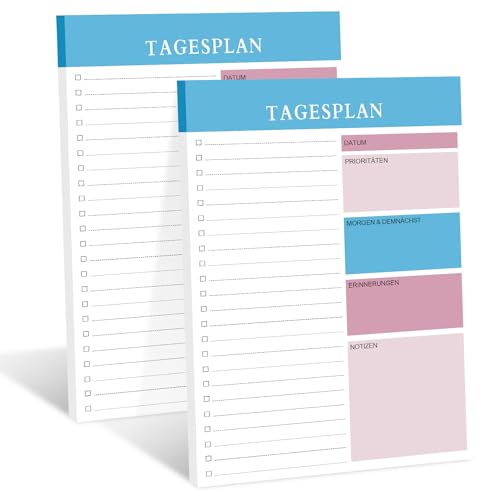 Tagesplaner Block, A4 100 Blatt 2er Set Planer für Aufgaben Termine Notizen Ideen Optimale Organisation Motivation im Alltag, To Do Liste für Zuhause und Büro (Deutsche Version)