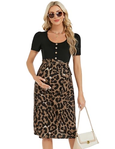 YesFashion Umstandskleid Damen Sommer Kurzarm Hohe Taille Stillkleid Quadratischer Kragen Casual Schwangerschaftskleid mit Taillengürtel Brauner Leopard M