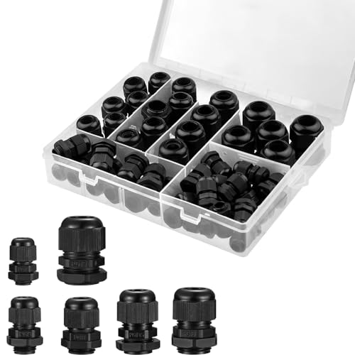 Kabelverschraubung Set, 50 Stück IP68 Kabeldurchführung Wasserdicht, Kabelverschraubungen Gelenke mit Dichtungen, Einstellbar Kabeldurchführung, PG7/9/11/13.5/16/19(Schwarz)