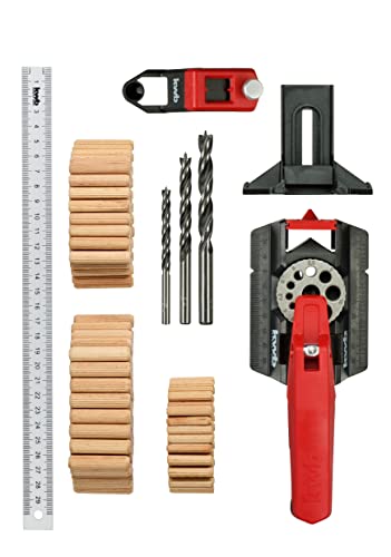 kwb Dübelhilfe/Dübellehre Set inkl. je 50 Dübel und 1 Bohrer 6, 8, 10 mm mit 30 cm, 3-12 mm Bohrlöcher inkl. Kernlochmaßen, Gerade Bohren in Holz, Metall, 153-teilig, Set mit Bohrern und Dübeln