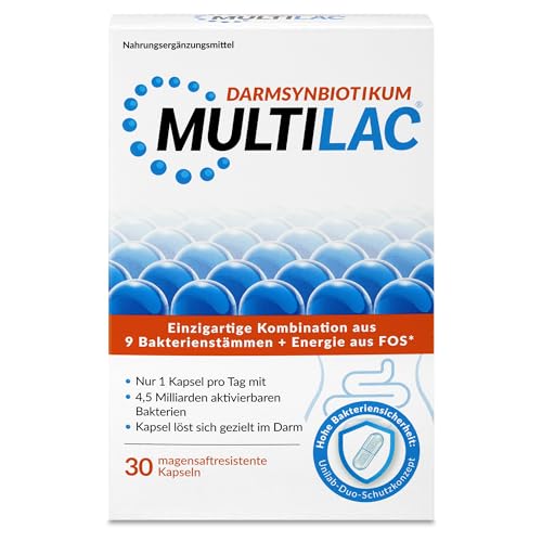 MULTILAC Darmsynbiotikum – für die Darmgesundheit und ein starkes Immunsystem, 9 Bakterienstämme und Fructooligosaccharide (FOS), vegan, 30 Kapseln
