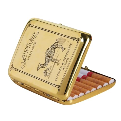 RWXCOW Zigarettenetui 16 Zigaretten Retro Kupfer Kamel-Motiv zigarettenbox Vintage Tragbare Metall Zigarettenhülle Zigarettenkasten Zigarettencase Zigarettenschachtel 9,5x7cm Camel, Gelb